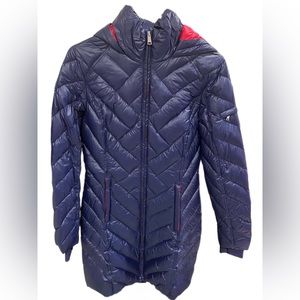 Nautical Hooded Puffer Jacket - Navy and Red, Women’s Small